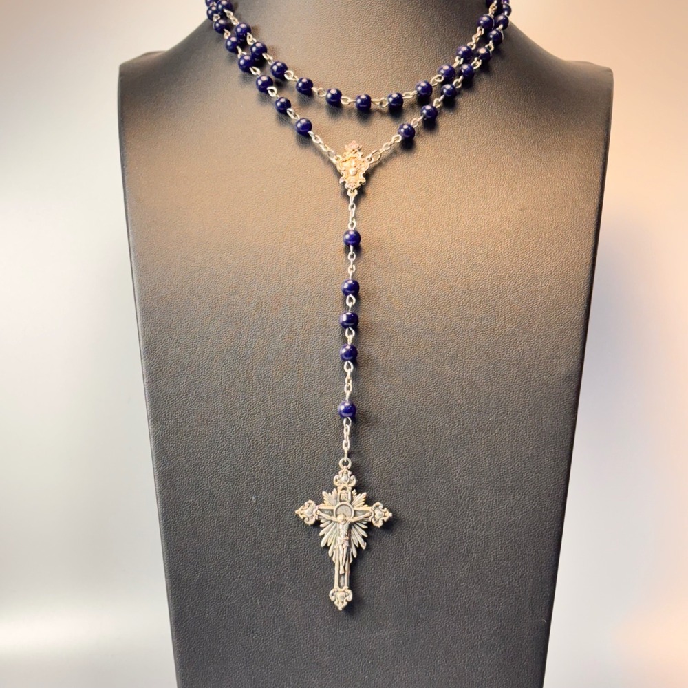 Fatima Rosary Necklace Blue Silver Tone Crucifix Religious Boho Goth 2017